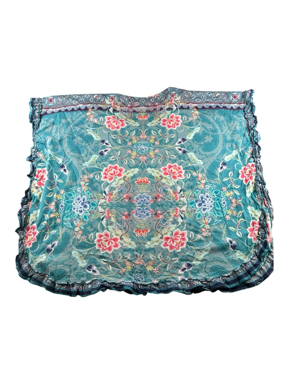Johnny Was Teal Floral Poncho Blouse L Sheer Boho Oversized Artsy Tunic Top - Picture 5 of 11